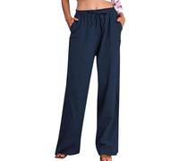 riou Pantalon en lin pour femme d'été, grandes tailles, en lin et coton, taille haute, élastique, pantalon jambe large baggy fin Pantalon de survêtement léger vintage droit avec poches de plage, #02
