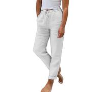 riou Pantalon fin d'été pour femme Grandes tailles fraîches Lin Coton Taille haute Élastique Pantalon long léger Vintage Droit avec poches et plis Pantalon ample Plage Confort Mode, 001Blanc, L