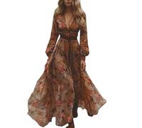 riou Robes longues pour femme style bohème vintage style campagnard col en V Robe de plage chic à manches longues imprimée Robe maxi printanière Western Country Robe midi élégante, marron, Medium