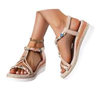 riou Sandales d'été à plateforme Esparto Bohême avec perles en dentelle et bout ouvert confortables compensées en tissu Barefoot pour la plage, la marche, les voyages, B, 39 EU