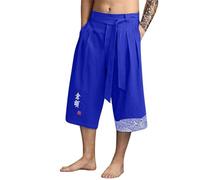 riou Short d'été frais en lin pour homme Kimono traditionnel Japonais Décontracté Mode Vêtements Asiatiques Broderie Capris Pantalon style japonais pour travail, course à pied, plage, bleu, L