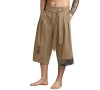 riou Short d'été frais en lin pour homme Kimono traditionnel Japonais Décontracté Mode Vêtements Asiatiques Broderie Capris Pantalon style japonais pour travail, course à pied, plage, Café, L