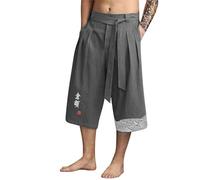 riou Short d'été frais en lin pour homme Kimono traditionnel Japonais Décontracté Mode Vêtements Asiatiques Broderie Capris Pantalon style japonais pour travail, course à pied, plage, gris foncé, L