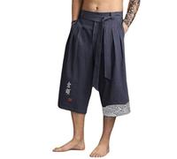 riou Short d'été frais en lin pour homme Kimono traditionnel Japonais Décontracté Mode Vêtements Asiatiques Broderie Capris Pantalon style japonais pour travail, course à pied, plage, Bleu marine, M