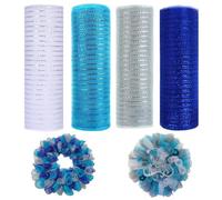 Riouwal Lot de 4 rouleaux de ruban décoratif en maille de 25,4 cm, 9,1 m de long, bleu saphir, blanc, argent, pour mariage, maison, fête