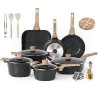 RIOVARM Ensemble de casseroles et poêles antiadhésives avec couvercles, batterie de cuisine pour grill et plaque à induction, poêles non toxiques, poêles à frire sans PFOA, casseroles avec spatules et