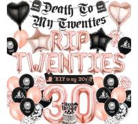 Rip Décorations d'anniversaire des années 20 - Bannière « Death to My Twenties » or rose pour gâteau d'anniversaire avec lettres, cœur, étoile, chiffres et ballons pour femme sur le thème gothique