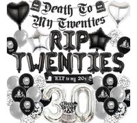 Rip Décorations d'anniversaire des années 20 - Bannière noire et argentée « Death to My Twenties » pour gâteau d'anniversaire - Lettre, cœur, étoile, chiffres - Ballons pour homme et femme - Thème