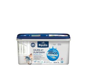 RIPOLIN - Peinture Intérieure Murs Plafonds Illico - Séchage Ultra Rapide - Acrylique - Haute Couvrance - Blanc - Mat - 3L