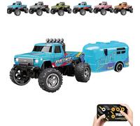 RipRush Mini Monster 1:64 Off-Road LED Alloy Racer, 2.4GHz Off-Road Remote Control Car, Rechargeable Alloy Shell Mini RC Cars with Lights and Trailer, Speed/Steering Adjustable (Blue-a,With Trailer)