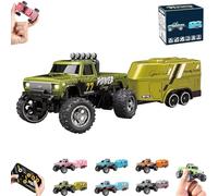 RipRush Mini Monster 1:64 Off-Road LED Alloy Racer,Monster Truck Remote Control Car with Lights,2.4GHz Remote Control,3 Speed Adjustable,USB Rechargeable Alloy RC Truck with Trailer (Green)