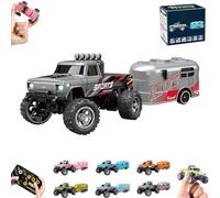 RipRush Mini Monster 1:64 Off-Road LED Alloy Racer,Monster Truck Remote Control Car with Lights,2.4GHz Remote Control,3 Speed Adjustable,USB Rechargeable Alloy RC Truck with Trailer (Grey)