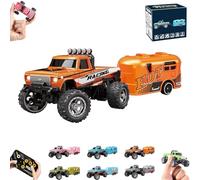 RipRush Mini Monster 1:64 Off-Road LED Alloy Racer,Monster Truck Remote Control Car with Lights,2.4GHz Remote Control,3 Speed Adjustable,USB Rechargeable Alloy RC Truck with Trailer (Orange)
