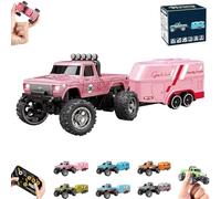 RipRush Mini Monster 1:64 Off-Road LED Alloy Racer,Monster Truck Remote Control Car with Lights,2.4GHz Remote Control,3 Speed Adjustable,USB Rechargeable Alloy RC Truck with Trailer (Pink)