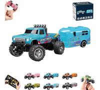 RipRush Mini Monster 1:64 Off-Road LED Alloy Racer,Monster Truck Remote Control Car with Lights,2.4GHz Remote Control,3 Speed Adjustable,USB Rechargeable Alloy RC Truck with Trailer (Blue)