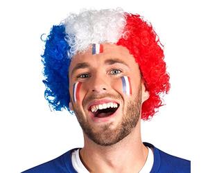 Rire & Conffetis, Perruque Bou pour Supporter Bleu/Blanc/Rouge