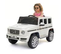 RIRICAR Voiture électrique Mercedes G500 12V, Blanche, télécommande 2,4 GHz, entrée USB/SD, Suspension arrière, Batterie Lithium, éclairage LED, Licence Originale