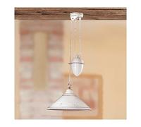 Rise and fall vintage pendant light in white polished ceramic with counterweight, smooth pierced plate and decorated borders- Ø 40 cm - Blue
