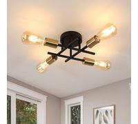 Riserva Lustre Plafonnier Industriel, 4 Lumières E27 Plafonnier Vintage, Lampe de Plafond Retro en Metal pour Salon, Cuisine, Salle à Manger, Chambre, Noir et Or (Sans Ampoules)