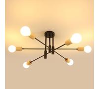 Riserva Plafonnier Industriel Noir, E27 Lustre Plafonnier Bois, 6 Lumières Lustre Sputnik Vintage pour Salon, Cuisine, Salle à Manger, Chambre