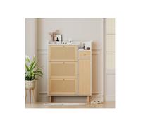 ®Rising FF Meuble à chaussures en bois et rotin, adapté aux entrées étroites, 3 portes basculantes et 1 tiroir, 90*125*17 cm