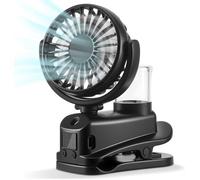 ®RisingFF Ventilateur brumisateur à pince avec affichage LED, mini ventilateur portable rechargeable, 4 vitesses (noir)