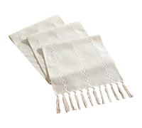 rismart Chemin de Table à Pompons Style Rustique Tisser Rayure Nappe Beige,32 x 220 cm