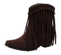 rismart Femmes Cowboy Chevilles Bottines Frangées Large Mollet Petit Bout Carré Western Bootie Marron, 37 EU