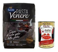 Riso Scotti Pasta Venere Fusilli Pâtes à base de semoule de blé dur et de farine de riz complet Venere noire, paquet de 400 g + Italian Gourmet Polpa di Pomodoro boîte de 400 g