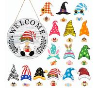 Risveglio Décoration de nain en bois interchangeable avec 15 chapeaux magnétiques - Accessoires saisonniers - Panneau de porche de vacances à faire soi-même pour étagère de maison (MZ980A)