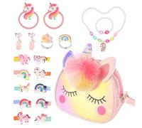 RISVOWO 19 Pièces Ensemble de Bijoux pour Fille avec Sac Licorne - Cadeau Anniversaire Enfant 3-9 Ans