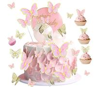 RISVOWO Papillon Decoration, 34 Pièces Gâteau Topper de Papillon 3D, Gâteau Topper de Papillon à Paillettes, pour Anniversaire De Mariage Gâteau Mur Fête Décorations de Nourriture