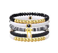 Risyfjew Bracelet avec initiales pour femme - Bracelet en perles d'argile personnalisé - Lettre délicate - Breloques dorées - Bracelet tendance empilable - Cadeau bohème, 19cm, Perlé, perles, Pas de