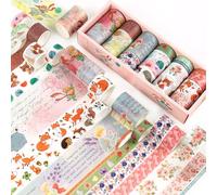 RISYPISY Lot de 18 rouleaux de ruban washi à motif floral mignon, petit prince renard, hérisson, ruban washi japonais rose, large ruban décoratif pour projets scolaires, filles, loisirs créatifs