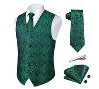 Rithern Gilet Homme Paisley Floral Jacquard Vert Gilets Sans Manches Cravate Poche Carré Ensemble avec Boutons de Manchette et Pince à Cravate Ensemble pour Mariage Fête d'affaires Ensemble Gilet 2XL