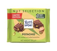 RITTER SPORT-Tablettes de Chocolat au lait aux éclats de pistaches torréfiées et salées (10%) Cacao : 30% minimum dans le chocolat au lait Boite de 10 tablettes