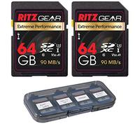 RITZ GEAR Carte mémoire UHS-I SDXC 64 Go 90/45 Mo/S U3 A1 C10 V30 (2 unités) conçue pour les appareils SD qui peuvent capturer des vidéos Full HD, 3D et 4K ainsi que des photos brutes + étui SD