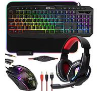 Ritz Gear Kit d'accessoires de jeu RVB | Ensemble 4 en 1 avec rétroéclairage LED arc-en-ciel Combo PC avec clavier multimédia, souris optique, tapis de souris et casque avec adaptateur | Pour