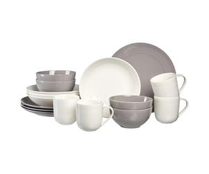 Ritzenhoff & Breker Levi Service de table 16 pièces, assiettes, bols et gobelets pour 4 personnes, design scandinave avec relief rainuré fin, vaisselle Mix & Match, porcelaine, blanc/gris