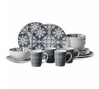 Ritzenhoff & Breker Salina Service combiné de 16 pièces pour 4 personnes, assiettes, bols et gobelets avec ornement méditerranéen, passe au lave-vaisselle, porcelaine, bleu fumé