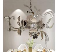 Riuulity Autocollant Mural élégant en Forme de Miroir en Forme D'hibiscus, Matériau Acrylique de qualité Supérieure, Décoration de Salle à Manger et de Garde-robe en Argent