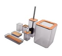 Riuulity Ensemble de Salle de Bain Moderne en Bambou, Fournitures de Maison élégantes, Boîte à Savon, Porte-brosse à Dents, Plateau Poubelle, ABS + Bambou, 7 Pièces (GREY)