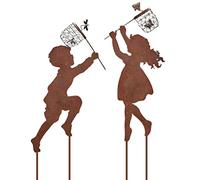 Riuulity Lot de 2 Piquets de Jardin en Métal pour Garçon et Fille Attrapant des Papillons pour Une Jolie Décoration Printanière, Piquets Artistiques en Fer pour Jardin ou Arrière-Cour (Garçon et