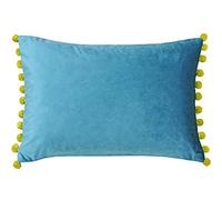 Riva Paoletti Fiesta Rectangular Feather Filled Cushion Blue Green Pompom Edges-Soft Velvet Fabric-Discreet Zip Closure-100 Case (14" x 20" inches), Polyester, Teal/Bamboo, 35 x 50cm
