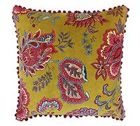 Riva Paoletti Malisa Place Polyester Coussin Rempli Jaune - Paisley Indien Imprimer - Faux Velours Tissu - Rose Pompon Edges - Lavable Machine - 100 (20" X 20" Pouces), Coton, Citron Curry, 50 X 50 Cm