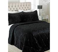 Riva Paoletti New Diamante Couvre-Lit - Noir - Diamante Cristal Paillettes - Matelassée Géométrique Design - 2 X Oreiller Shams Inclus - 100% Polyester - 220 X 240 Cm (87" X 94" Pouces) Noir