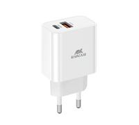 RIVACASE PS4102 W00 Chargeur - 20 W PD + QC3.0, deux ports de type C et USB, compatible avec iPhone 15 et plus anciens, iPad, Samsung AFC, LG, Huawei, Xiaomi, Android, bloc d'alimentation solide