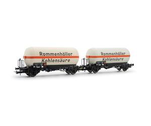 Rivarossi HR6644 DB, Ensemble de 2 Wagons-citernes à gaz à 2 essieux, « Rommenhöller Kohlensäure », ép. IV