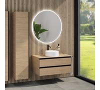 rivea Dia Meuble sous-vasque l: 100 cm, 2 tiroirs, vasque Ø 38 cm blanche mate, avec miroir éclairé Kanya, BR0535WM+BR0033SO+BR0003SO+BR2028MI,