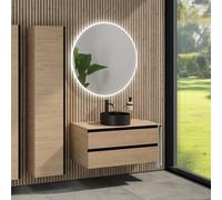 rivea Dia Meuble sous-vasque l: 100 cm, 2 tiroirs, vasque Ø 38 cm noire mate, avec miroir éclairé Kanya, BR0535BM+BR0033SO+BR0003SO+BR2028MI,